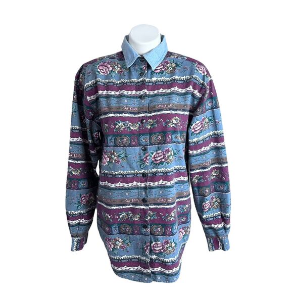 Vintage Shirt Size Medium Tall Floral Button Up Cotton Chambray Womens Cottage - Picture 1 of 13